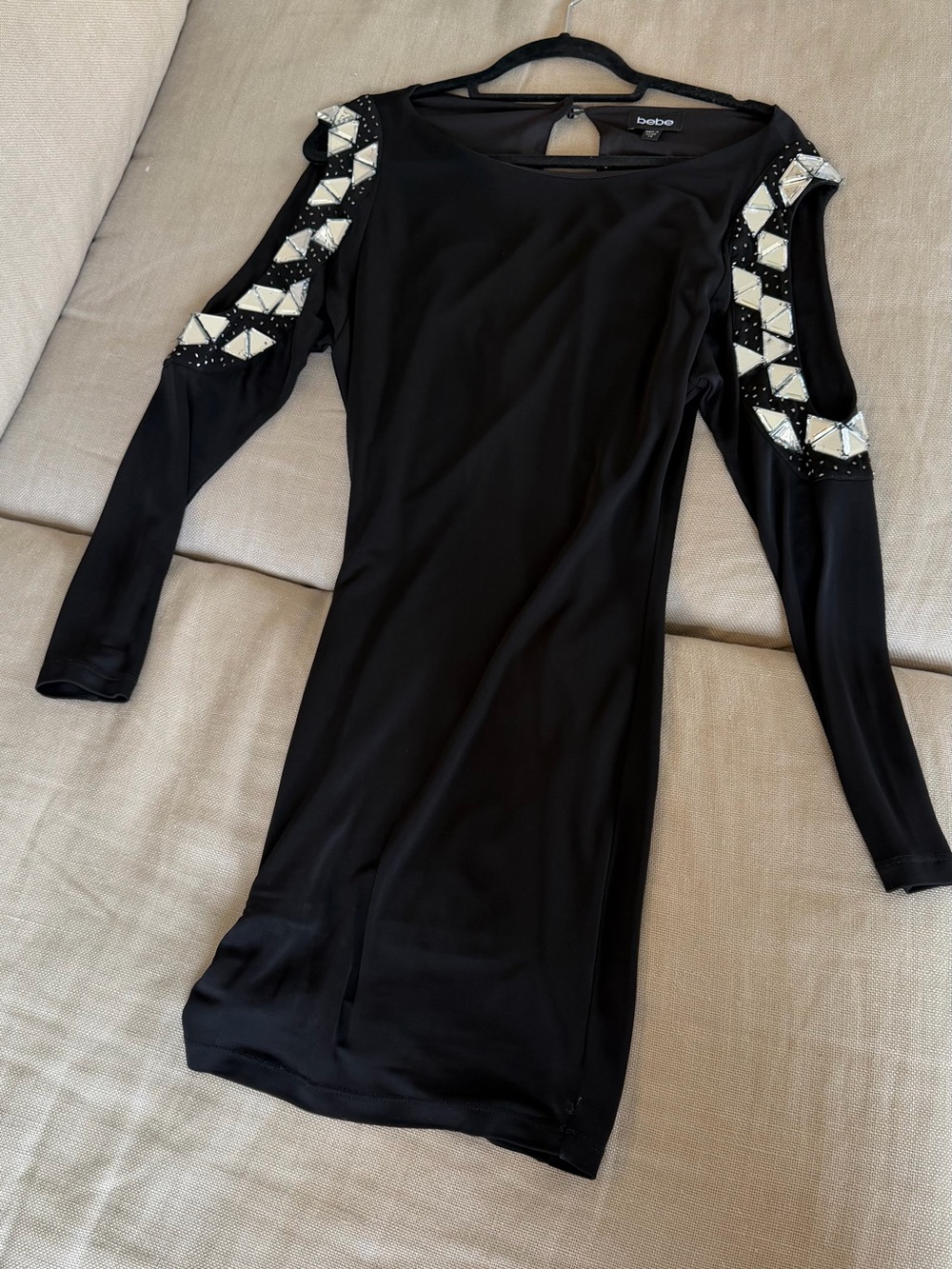 bebe Black Cold-Shoulder Mini Dress with White Embellished Shoulders